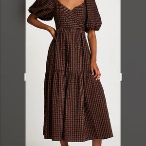 NWT River Island Brown and Black Gingham puff sleeve maxi - Size 2